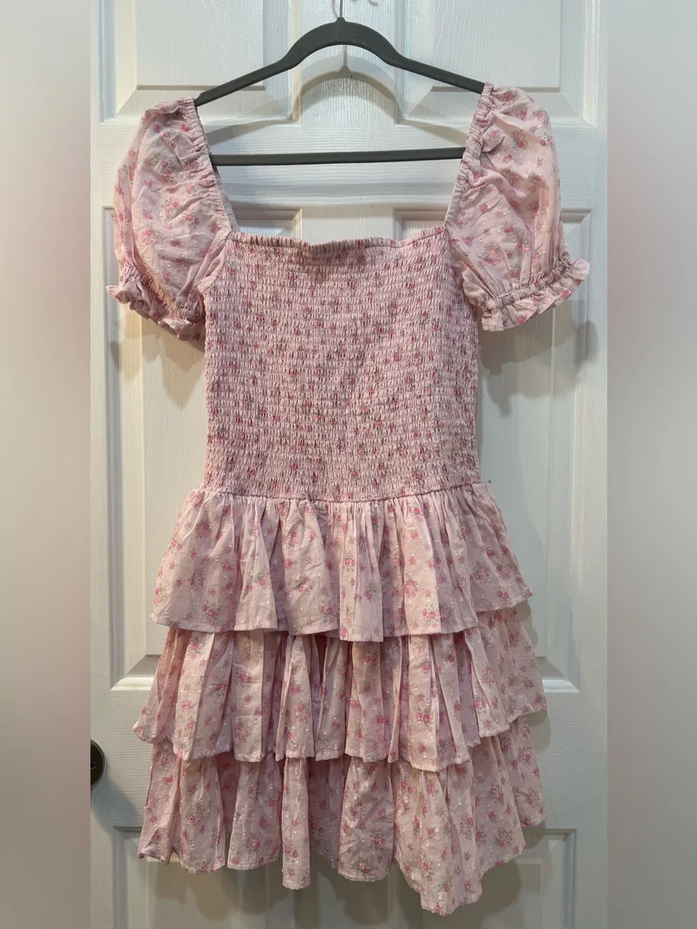 Altar’d State Pink Micro Roses Puff Sleeve Mini Dress Sz L Smocked Cottagecore - Picture 2 of 8